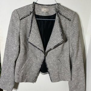 Loft Womens Blazer Black and White Jacket Fringe Frayed Detail Boho Size 6